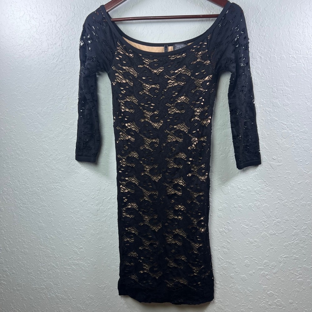 Vintage 90s Y2K Bodycon Dress Women Whimsigoth Night Out Lace  M/L Black Nude